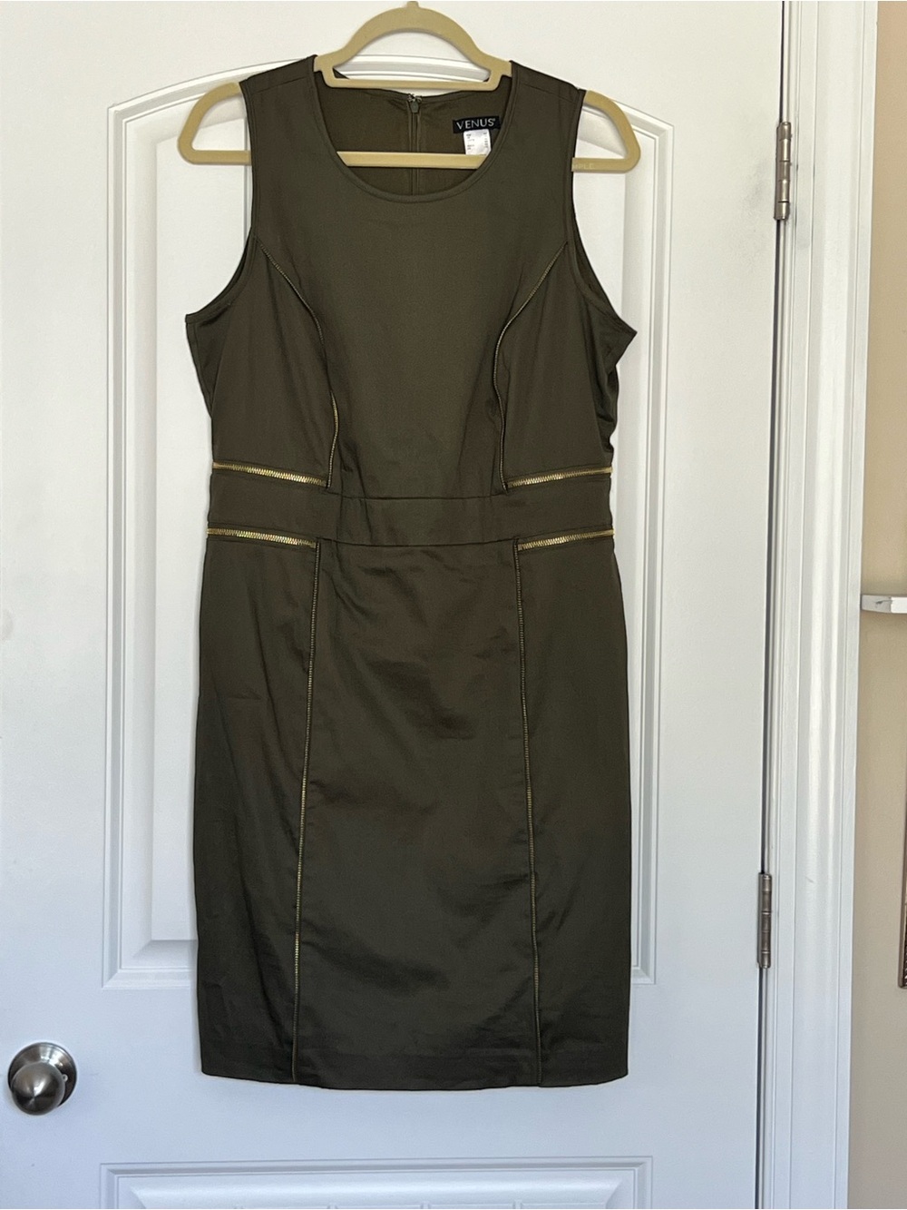 VENUS Olive Green Sheath Dress with Gold Zipper Accents Size 12